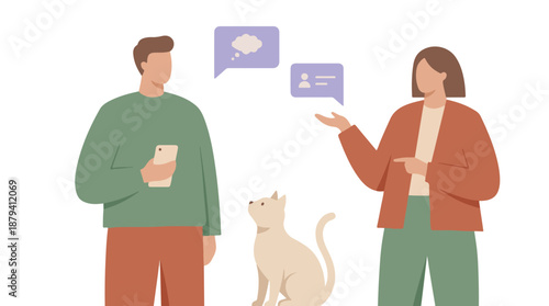 Modern lifestyle: couple communicating with smartphone, pet cat nearby