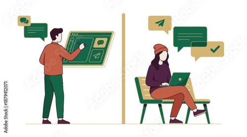 People communicating online, working on projects, and sending messages