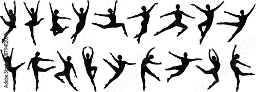 Ballet dancer jumping silhouettes collection, graceful dance poses in motion, modern ballet performance vector illustration isolated on white background