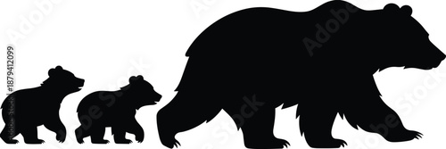 Bear family silhouette illustration, mother bear walking with cubs wildlife nature concept vector art isolated on white background
