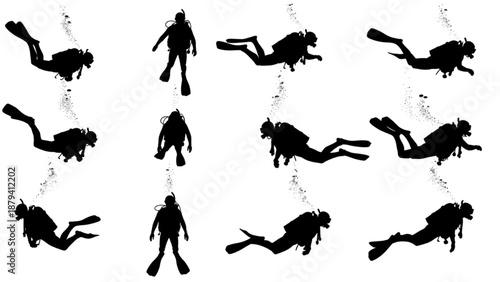 Collection of divers in silhouette performing various underwater activities