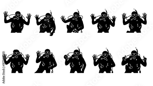 Set of diving silhouettes in different poses for underwater exploration