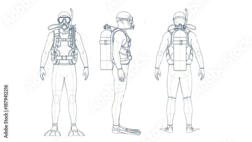 Detailed Blueprint Concept Art for Scuba Diving Equipment - Technical Illustration of Underwater Exploration Gear Design