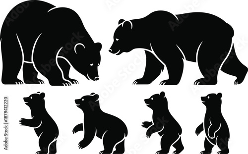 Bear silhouette collection showing adult and cub poses, wild animal wildlife concept, black vector illustration set isolated on white background