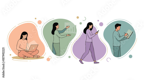 People using diverse digital devices for work, communication, and learning