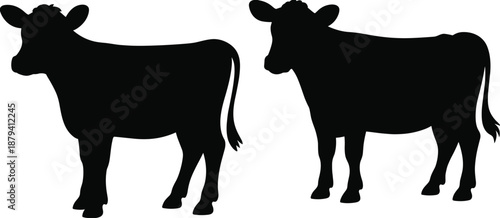 Black cow silhouettes side view pair, standing cattle livestock set, farm animal shapes, rural agriculture theme, clean isolated vector illustration