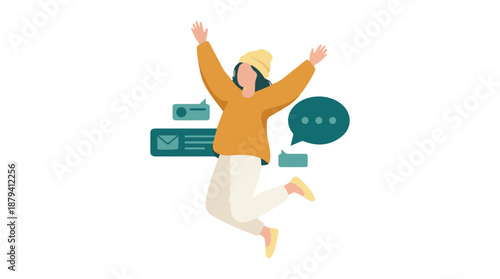 Jumping woman celebrating online communication and success