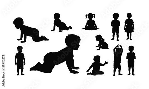 Black silhouette baby and toddler growth stages collection, crawling sitting standing poses, early childhood development milestones, infant activity progression, educational kids vector illustration