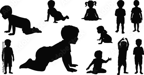 Black silhouette baby and toddler growth stages collection, crawling sitting standing poses, early childhood development milestones, infant activity progression, educational kids vector illustration