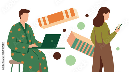 People working remotely and engaging with digital devices in a casual setting