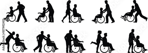 Black silhouette caregivers pushing wheelchair users, disability assistance concept, patient mobility support scenes, healthcare helper figures, inclusive community aid vector illustration