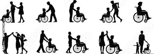 Black silhouette caregivers helping wheelchair users in daily activities, disability mobility assistance concept, patient care interaction scenes, inclusive healthcare support vector illustration