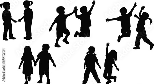 Black silhouette children playing and jumping together, happy kids activity poses, friendship and joy concept, playful movement scenes, childhood fun vector illustration