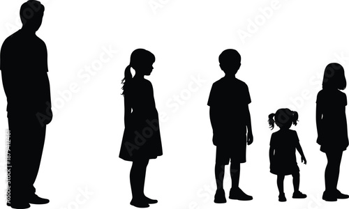 Black silhouette family lineup with adults and children, generational height growth comparison concept, parents kids standing figures, household people vector illustration