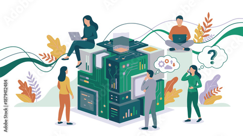 Business team interacting with data processing and technology infrastructure