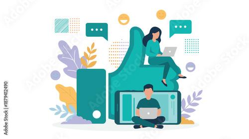 People interacting with social media and technology for online communication