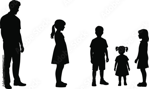 Black silhouette family members standing together, parents and children figures, generational height comparison concept, household relationship diversity, people group vector illustration
