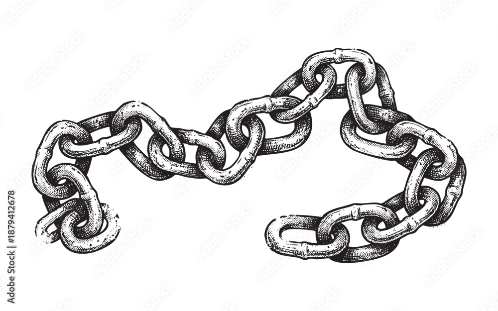 Obraz premium metal chain with one link broken or open, rendered in a vintage woodcut style.