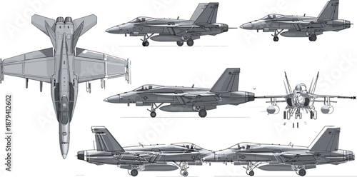 Professional Vector Illustration of Modern Fighter Jet Multi-View Schematics for Engineering Design Aviation Technical Drawings and Military Aircraft Blueprint Presentation