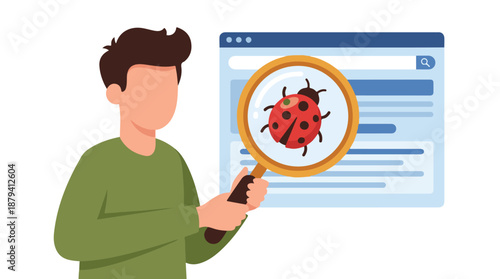 Man using magnifying glass to find software bugs on computer screen
