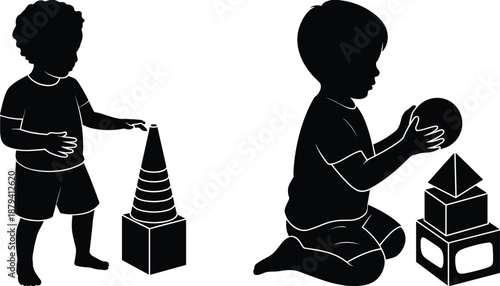 Black silhouette toddlers playing with geometric building blocks, early childhood education concept, learning through play activity, creative toy development scenes, kids growth vector illustration