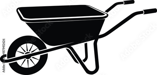 Black wheelbarrow silhouette vector illustration, construction and gardening equipment icon isolated on white background, minimal flat design for industrial use