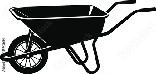 Black wheelbarrow silhouette vector illustration, construction and gardening transport tool icon isolated on white background, clean flat design for industrial concepts