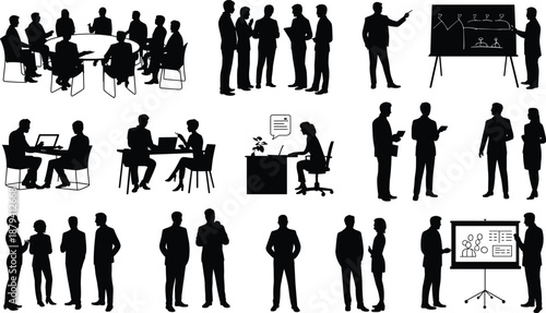Business people silhouettes collection, office meeting discussion teamwork presentation scenes, corporate professionals black vector illustration set isolated on white background