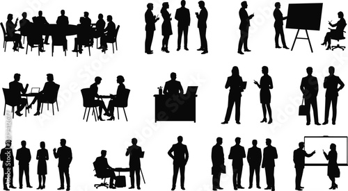 Business people silhouettes collection, office meeting discussion teamwork presentation scenes, corporate professionals black vector illustration set isolated on white background
