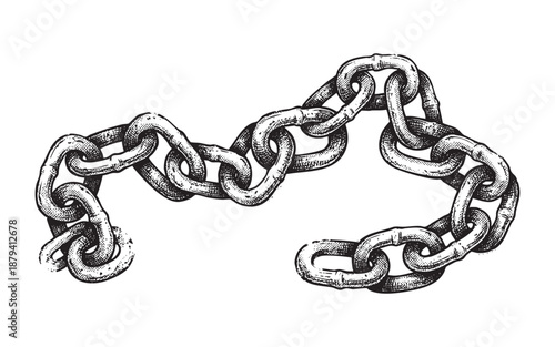 metal chain with one link broken or open, rendered in a vintage woodcut style.