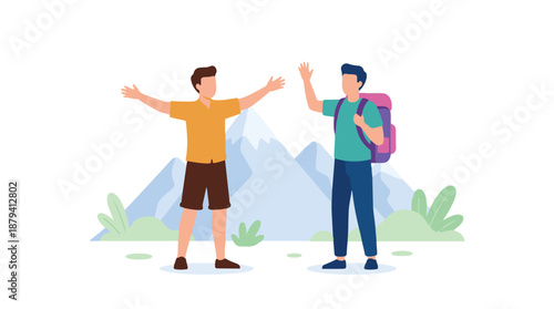 Two male hikers greeting in a mountain landscape, outdoor adventure concept.