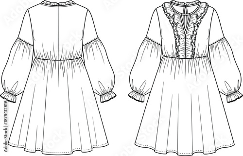Women's Ruffle Neck Mini Dress Technical Fashion Flat Sketch with Volume Bishop Sleeves, Empire Waist, and Tiered Ruffle Yoke Design Drawing