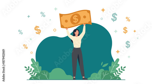 Woman celebrating financial success and growth with a large dollar bill