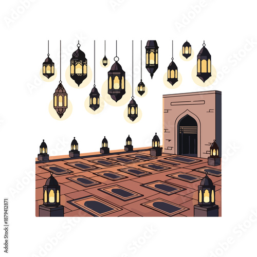A serene mosque courtyard with lanterns