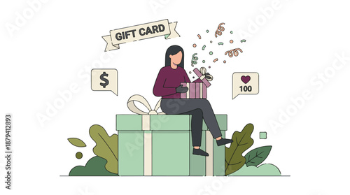 Woman opening gift box with confetti, gift card, and reward symbols, vector illustration
