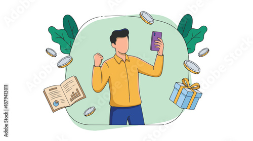 Man celebrating financial success and online rewards with a smartphone
