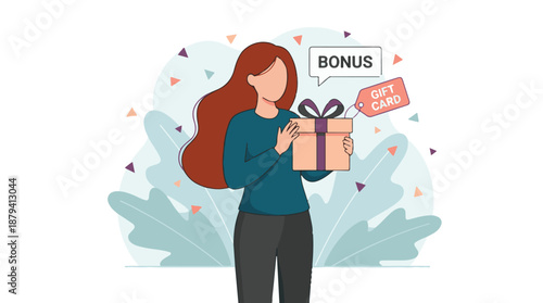 Woman receiving a bonus gift box with a gift card illustration