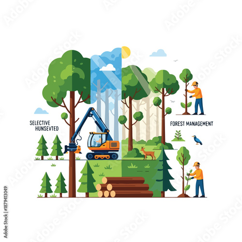 A split-screen illustration comparing selective logging and forest management