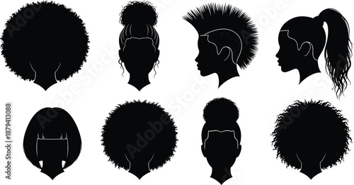 Set of black woman hair silhouettes featuring afro curls, puff bun, mohawk, sleek ponytail, bob cut, and natural textured tresses.