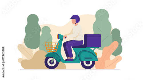 Delivery person on scooter with package in a flat design illustration