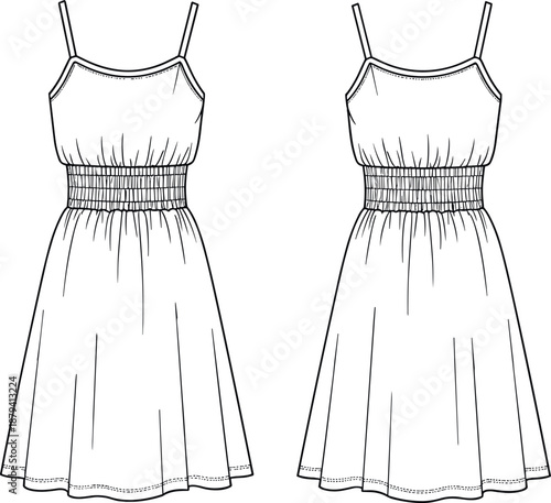 Women's Shirred Bodice Cami Sundress Fashion Technical Flat Drawing, Simple A-Line Silhouette Apparel Template with Elasticated Waistline, Garment Vector Illustration for Design and Mockup.