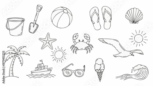 Collection of hand-drawn beach and summer vacation icons.