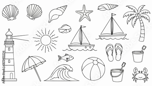 Collection of hand-drawn beach and summer vacation icons.
