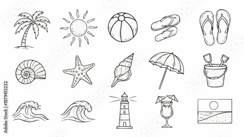 Collection of hand-drawn beach and summer vacation icons.