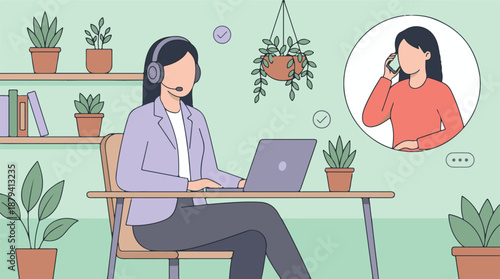 Online customer support representative working from home with virtual call