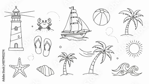 Collection of hand-drawn summer beach and travel icons.