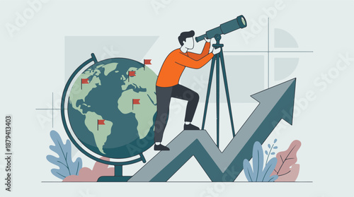 Businessman looking through telescope exploring global business growth