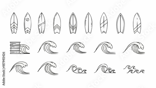 Collection of Hand Drawn Surfboards and Ocean Waves Illustrations.