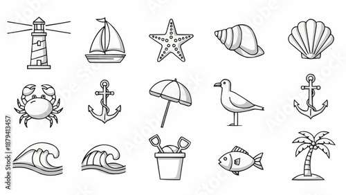 Collection of hand-drawn beach and sea icons in black and white.