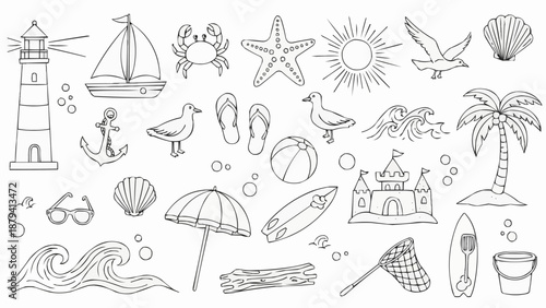 Collection of hand-drawn beach and summer icons and symbols.